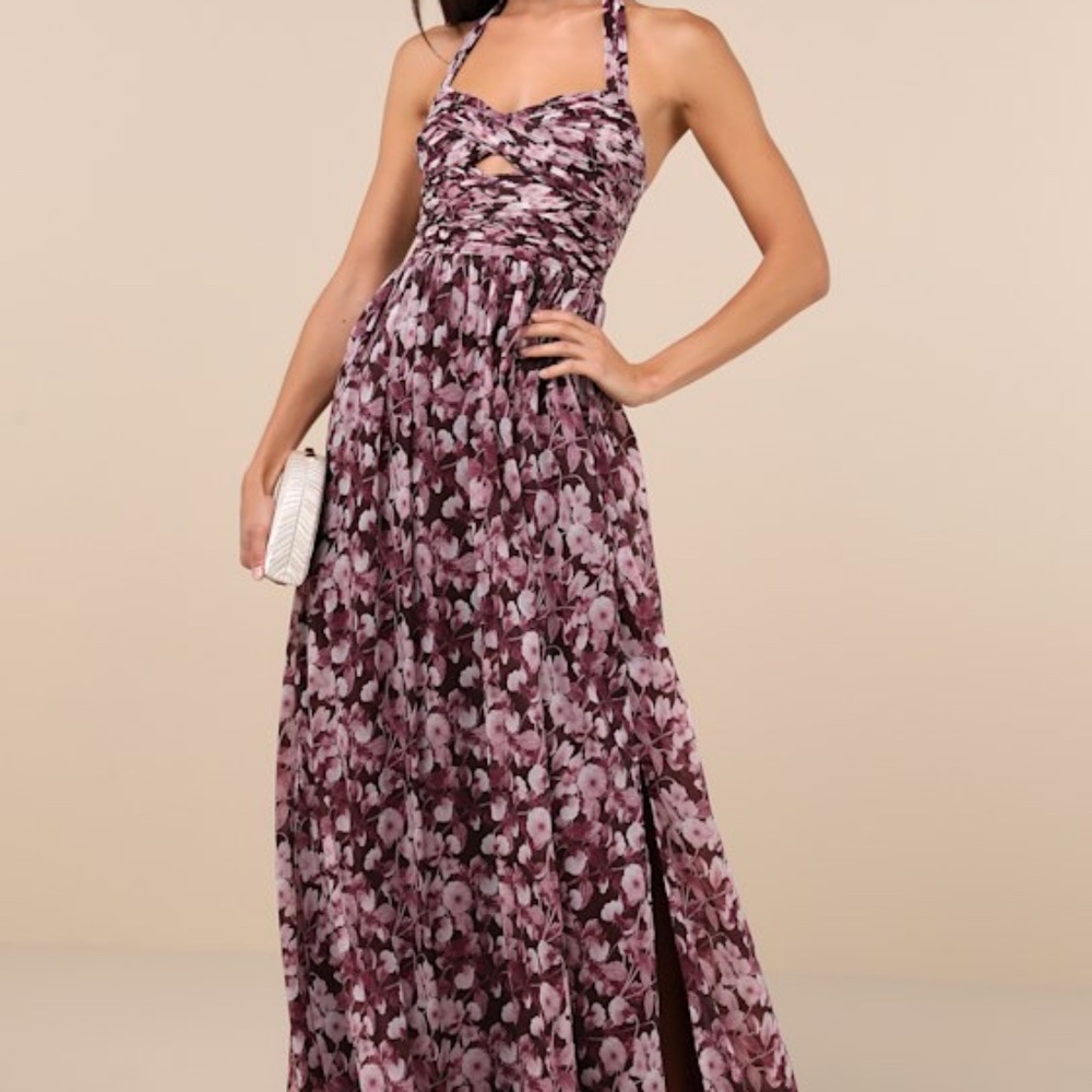 Lulus Illustrious Aura Plum Purple Floral Pleated Halter Maxi Dress - Size XS